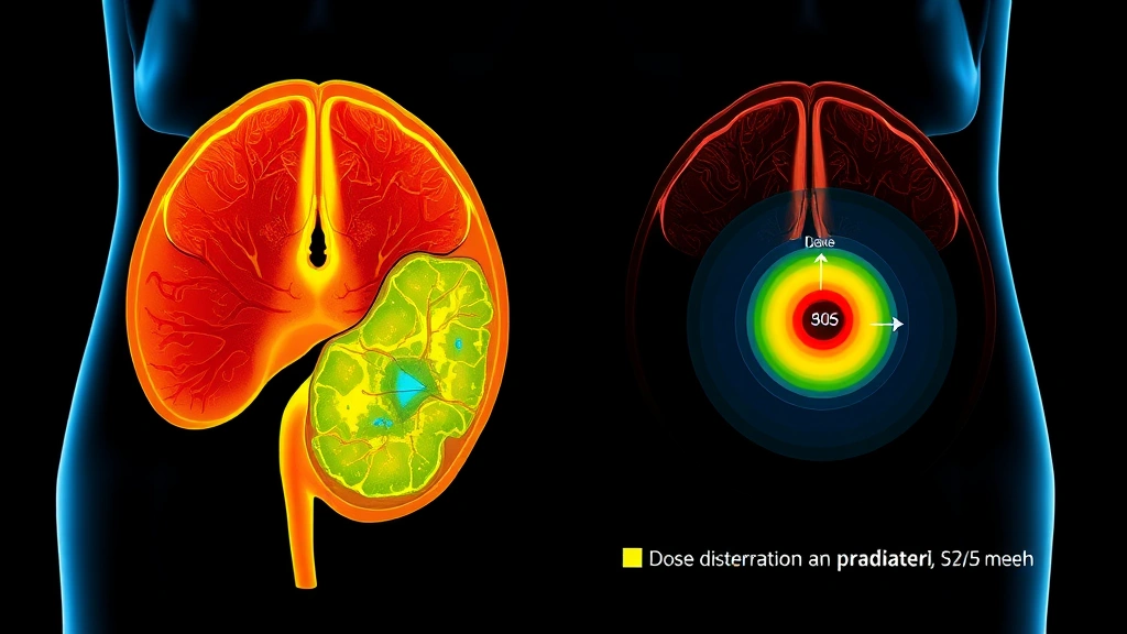 Anatomical cross-section visualization of prostate cancer treatment showing dose distribution comparison, radiation physics illustration, medical accuracy, no text overlays or letters