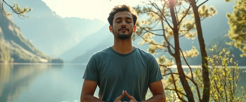 Person meditating in serene natural environment with mountains and calm water, peaceful expression, sunlight filtering through trees, photorealistic