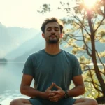 Person meditating in serene natural environment with mountains and calm water, peaceful expression, sunlight filtering through trees, photorealistic