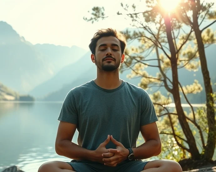 Person meditating in serene natural environment with mountains and calm water, peaceful expression, sunlight filtering through trees, photorealistic