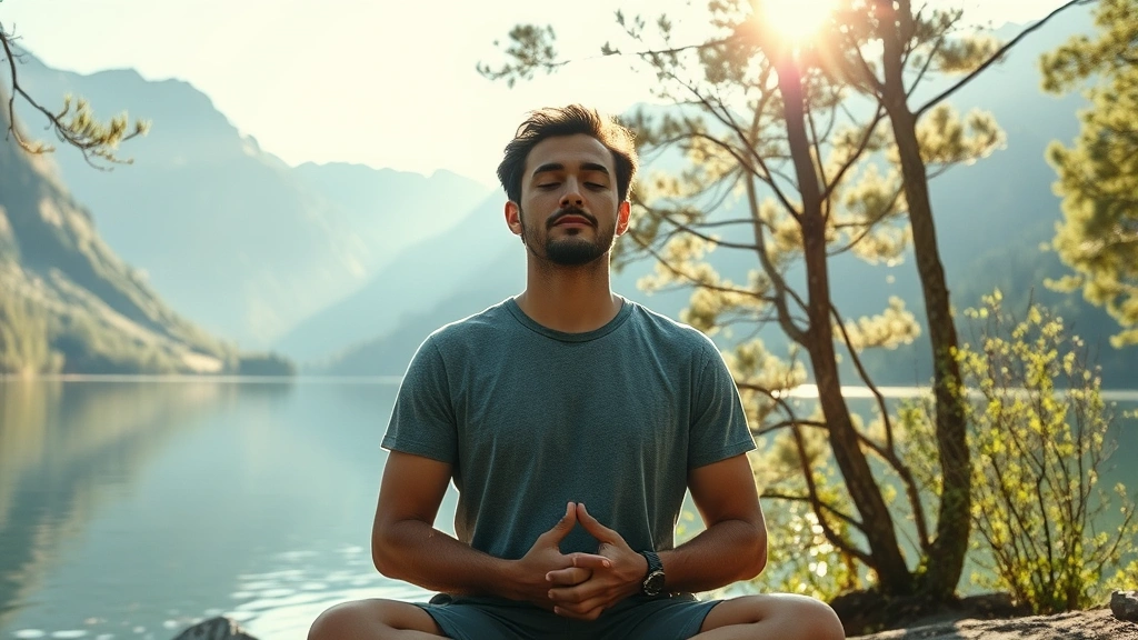 Person meditating in serene natural environment with mountains and calm water, peaceful expression, sunlight filtering through trees, photorealistic
