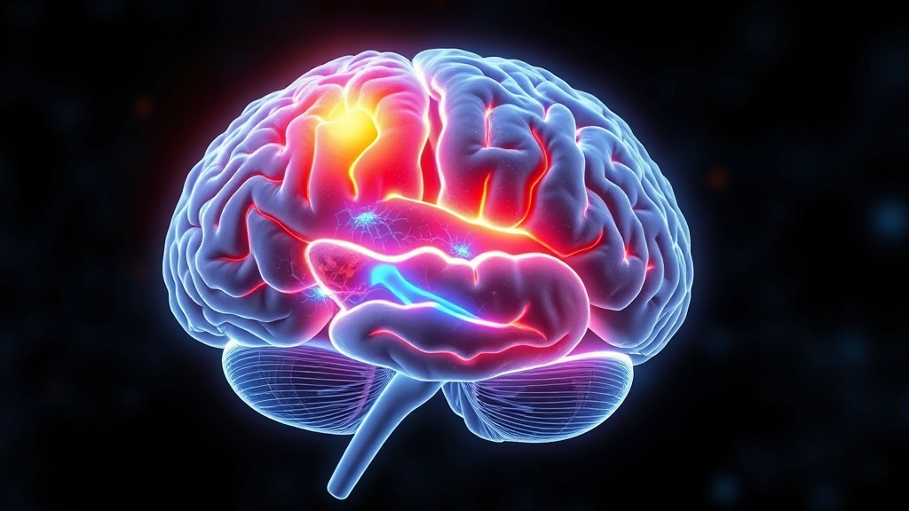 Brain cross-section illustration showing highlighted prefrontal cortex and anterior cingulate regions glowing with neural activity, medical visualization style