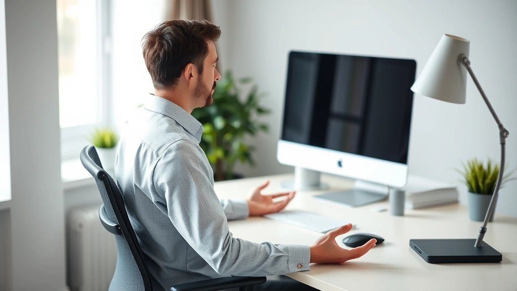 Professional sitting at desk practicing focused meditation with computer nearby, calm concentrated expression, modern minimalist workspace, natural lighting