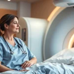 A cancer patient sitting in a modern radiation therapy treatment room, wearing a hospital gown, looking peaceful with a supportive nurse nearby, warm lighting, professional medical environment, photorealistic