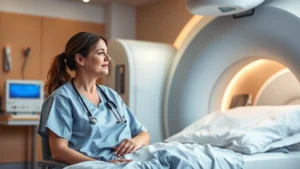A cancer patient sitting in a modern radiation therapy treatment room, wearing a hospital gown, looking peaceful with a supportive nurse nearby, warm lighting, professional medical environment, photorealistic