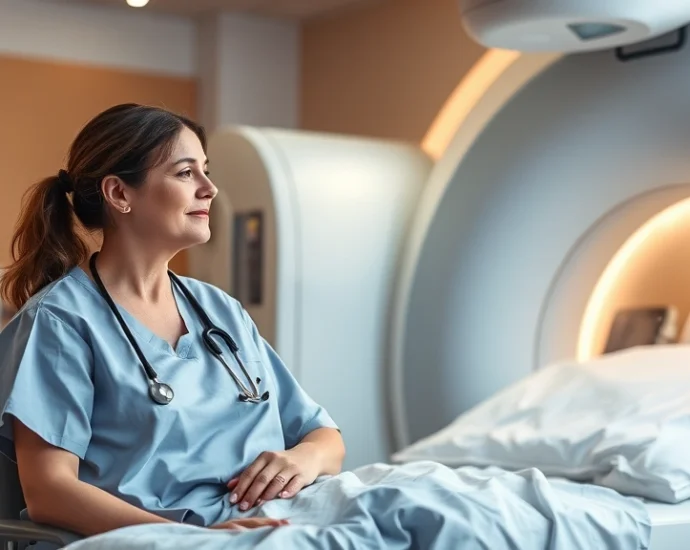A cancer patient sitting in a modern radiation therapy treatment room, wearing a hospital gown, looking peaceful with a supportive nurse nearby, warm lighting, professional medical environment, photorealistic