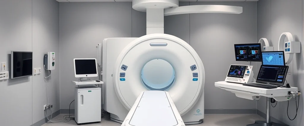 Modern linear accelerator machine in sterile radiation therapy treatment room with advanced digital controls and safety equipment, clinical setting