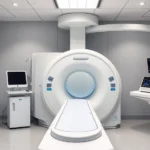Modern linear accelerator machine in sterile radiation therapy treatment room with advanced digital controls and safety equipment, clinical setting