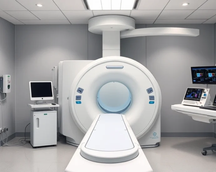 Modern linear accelerator machine in sterile radiation therapy treatment room with advanced digital controls and safety equipment, clinical setting