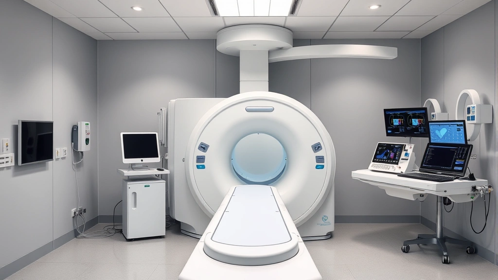 Modern linear accelerator machine in sterile radiation therapy treatment room with advanced digital controls and safety equipment, clinical setting