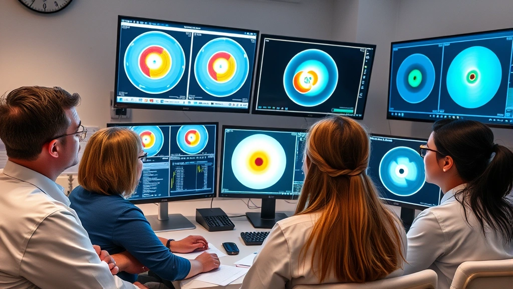 Medical physics team reviewing radiation therapy treatment plans on multiple computer monitors displaying dose calculations and tumor targeting, modern oncology center