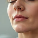 Close-up of a person's face showing peaceful expression during a guided meditation or therapeutic session, soft lighting, serene environment with blurred background, photorealistic, no text visible