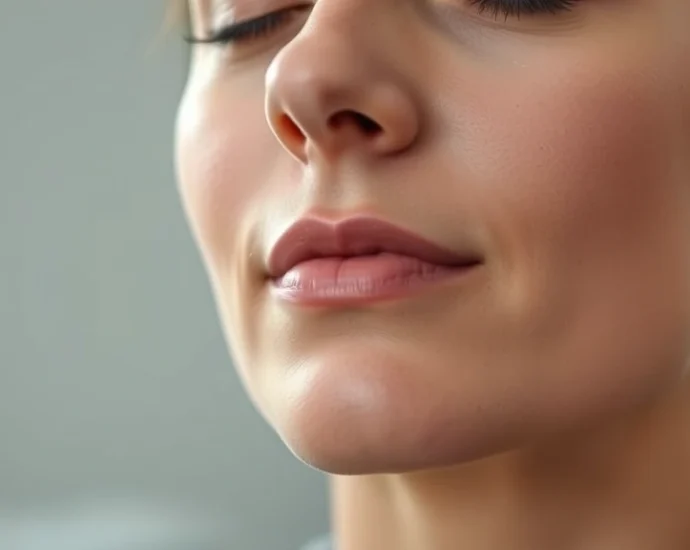 Close-up of a person's face showing peaceful expression during a guided meditation or therapeutic session, soft lighting, serene environment with blurred background, photorealistic, no text visible