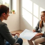 A professional behavior technician sitting across from a young adult client in a bright, welcoming clinical office setting, both focused on a worksheet with behavioral goals listed, warm natural lighting streaming through windows, modern minimalist therapy room design
