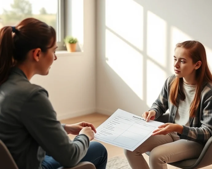 A professional behavior technician sitting across from a young adult client in a bright, welcoming clinical office setting, both focused on a worksheet with behavioral goals listed, warm natural lighting streaming through windows, modern minimalist therapy room design