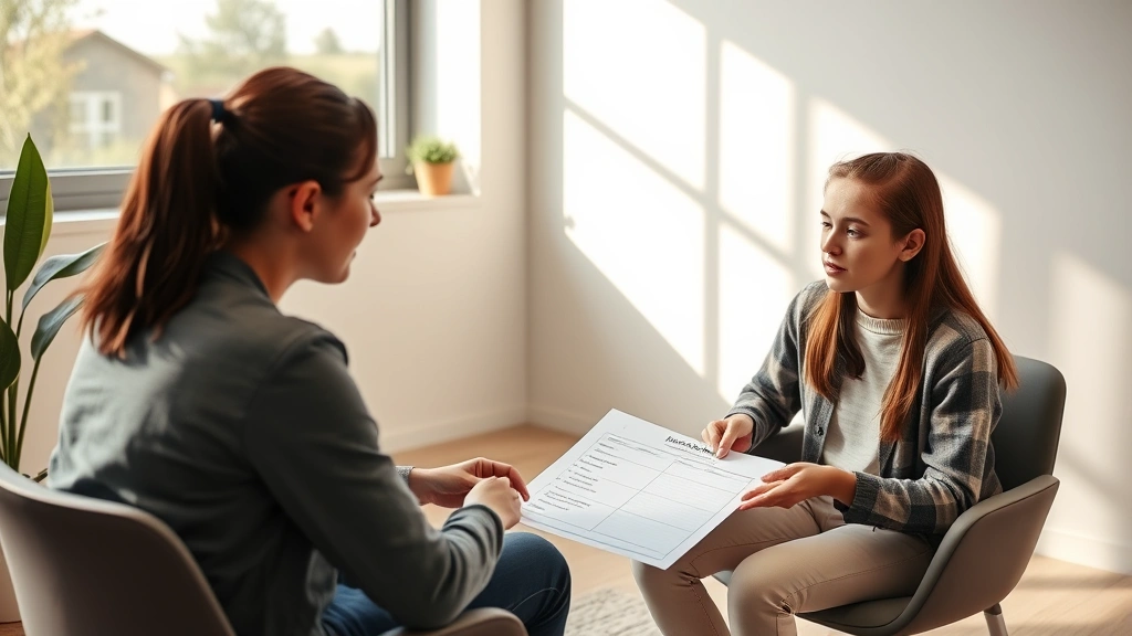 A professional behavior technician sitting across from a young adult client in a bright, welcoming clinical office setting, both focused on a worksheet with behavioral goals listed, warm natural lighting streaming through windows, modern minimalist therapy room design