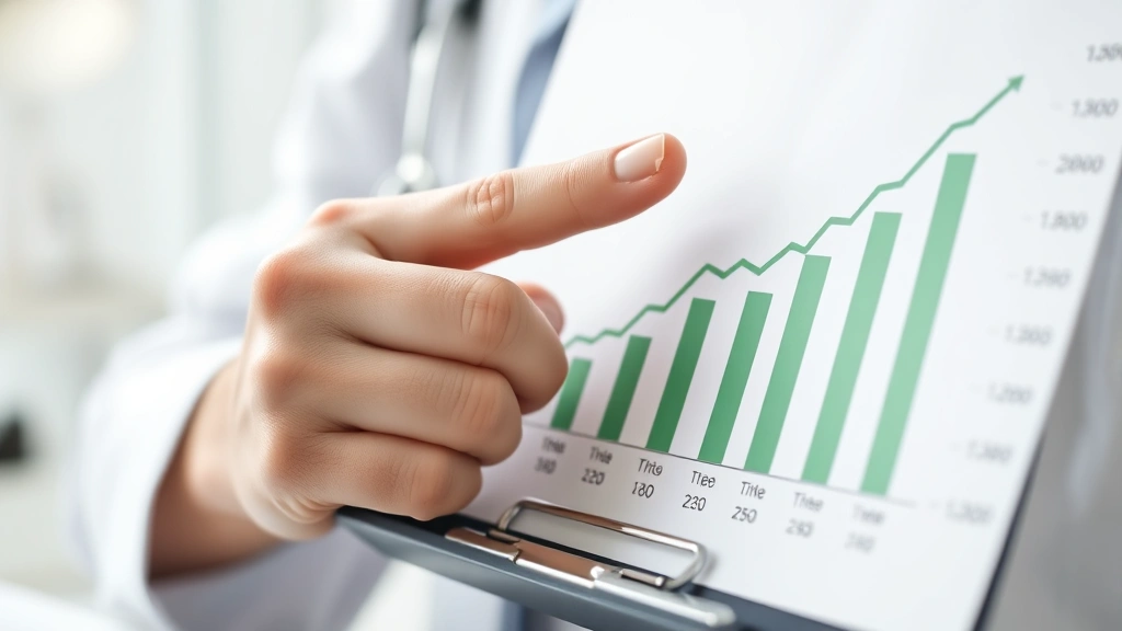 Close-up of a therapist's hand pointing to a data chart showing behavioral progress over time, with green upward trending lines, clipboard visible, professional clinical environment, soft focus background