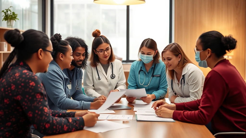 A diverse group of mental health professionals including behavior technicians collaborating during a treatment planning meeting, reviewing documents and discussing strategies, inclusive modern healthcare setting with warm tones