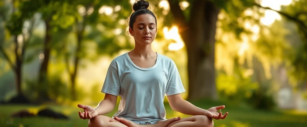 Serene person meditating in peaceful natural environment with soft sunlight filtering through trees, demonstrating mindfulness practice and inner calm