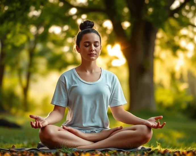 Serene person meditating in peaceful natural environment with soft sunlight filtering through trees, demonstrating mindfulness practice and inner calm