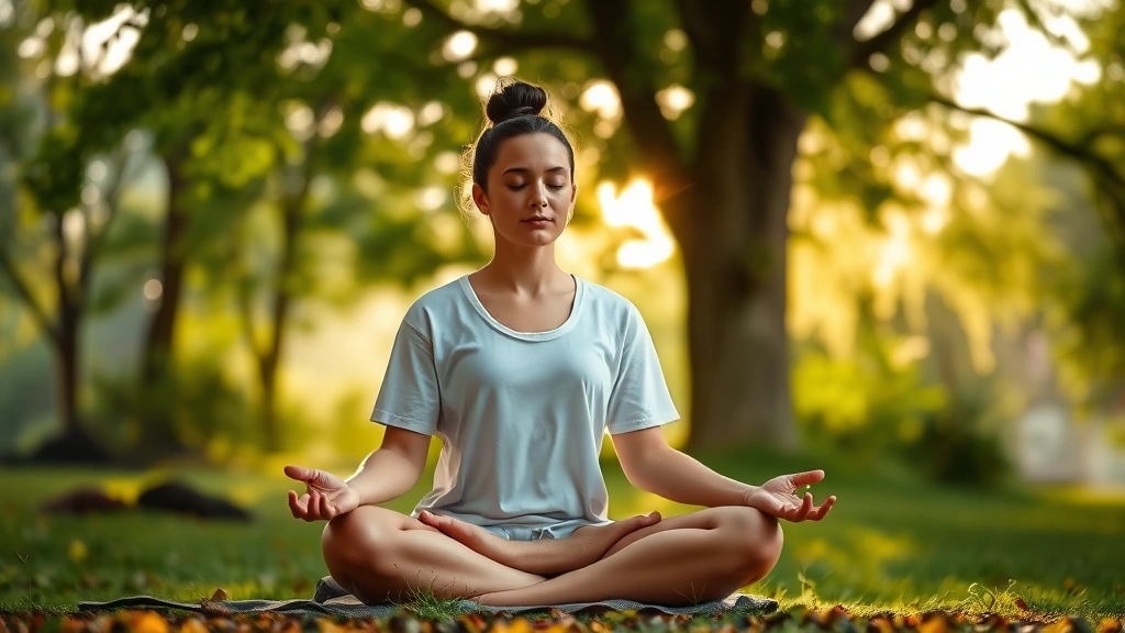 Serene person meditating in peaceful natural environment with soft sunlight filtering through trees, demonstrating mindfulness practice and inner calm