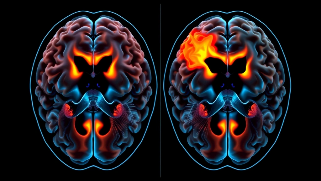 Brain scan visualization showing neural activity in prefrontal cortex and amygdala regions, illustrating neuroplasticity changes from meditation practice