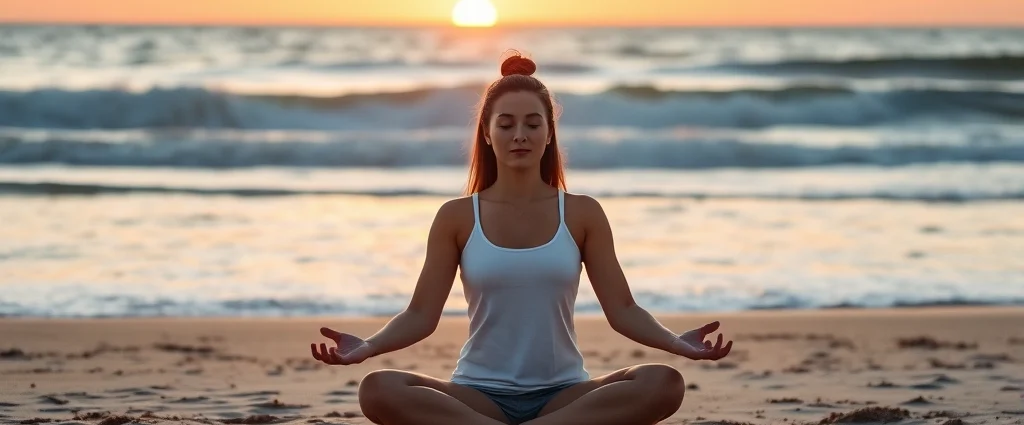 Person sitting in meditation pose on a beach during sunrise, calm ocean waves in background, peaceful expression, soft natural lighting, serene coastal landscape