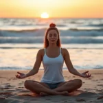 Person sitting in meditation pose on a beach during sunrise, calm ocean waves in background, peaceful expression, soft natural lighting, serene coastal landscape
