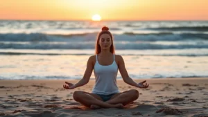 Person sitting in meditation pose on a beach during sunrise, calm ocean waves in background, peaceful expression, soft natural lighting, serene coastal landscape