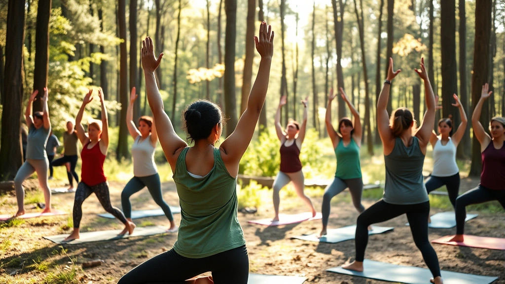 Group of diverse people in outdoor yoga poses in a natural forest setting, practicing mindful movement with sunlight filtering through trees, peaceful expressions
