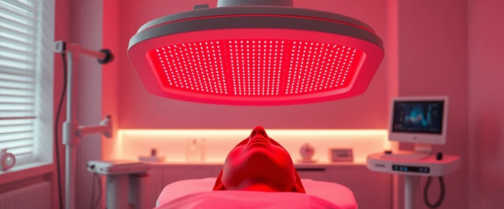 Photorealistic image of a professional red light therapy device emitting deep red wavelengths, showing the clinical setup in a modern wellness facility with soft lighting and clean equipment