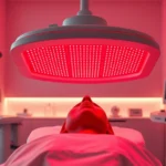 Photorealistic image of a professional red light therapy device emitting deep red wavelengths, showing the clinical setup in a modern wellness facility with soft lighting and clean equipment