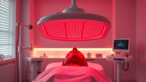 Photorealistic image of a professional red light therapy device emitting deep red wavelengths, showing the clinical setup in a modern wellness facility with soft lighting and clean equipment