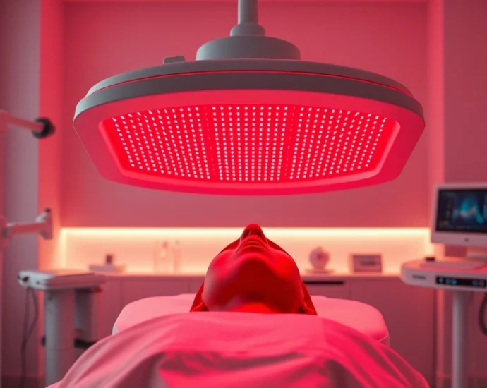 Photorealistic image of a professional red light therapy device emitting deep red wavelengths, showing the clinical setup in a modern wellness facility with soft lighting and clean equipment
