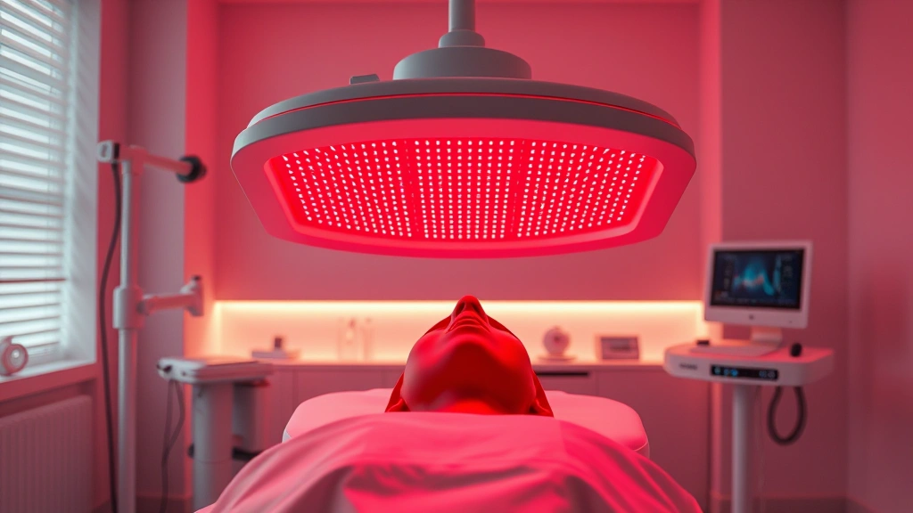 Photorealistic image of a professional red light therapy device emitting deep red wavelengths, showing the clinical setup in a modern wellness facility with soft lighting and clean equipment