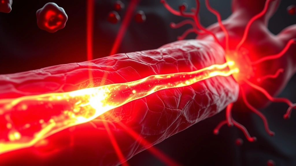 Realistic close-up of human muscle tissue and mitochondria with glowing red light rays penetrating cellular structures, scientific illustration style showing ATP production and energy generation