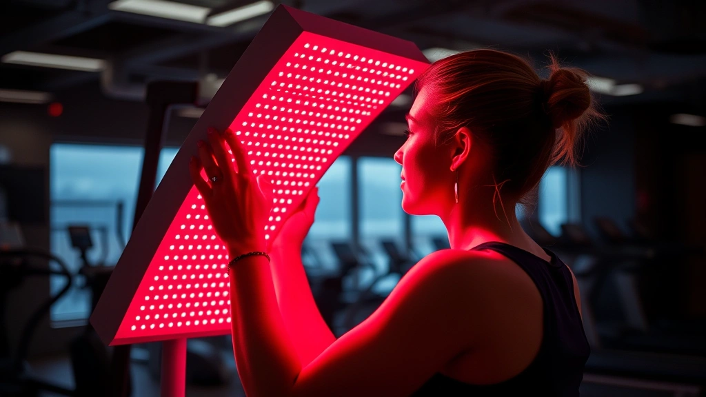 Professional photograph of someone using a red light therapy panel at a modern gym, showing proper positioning and the device's LED lights in action, contemporary fitness facility setting