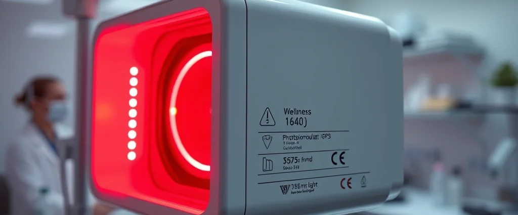 Professional photobiomodulation device emitting red light wavelengths in a clinical wellness setting, showing wavelength specifications and safety markings, photorealistic laboratory environment with proper lighting
