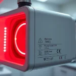 Professional photobiomodulation device emitting red light wavelengths in a clinical wellness setting, showing wavelength specifications and safety markings, photorealistic laboratory environment with proper lighting