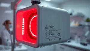 Professional photobiomodulation device emitting red light wavelengths in a clinical wellness setting, showing wavelength specifications and safety markings, photorealistic laboratory environment with proper lighting
