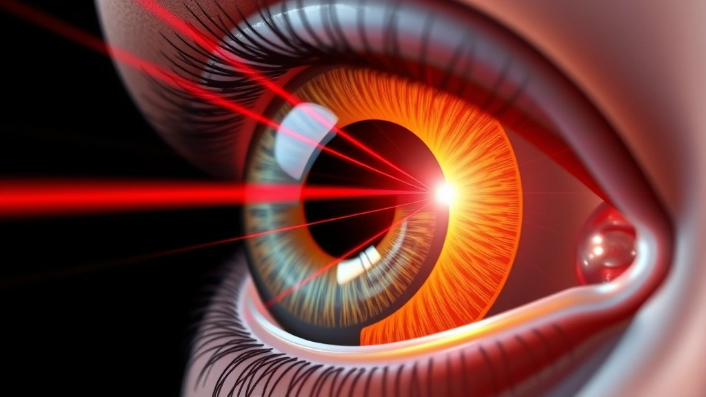 Close-up of human eye cross-section diagram with red light wavelengths penetrating through retinal layers, scientific illustration style with anatomical detail and light path visualization, professional medical imagery