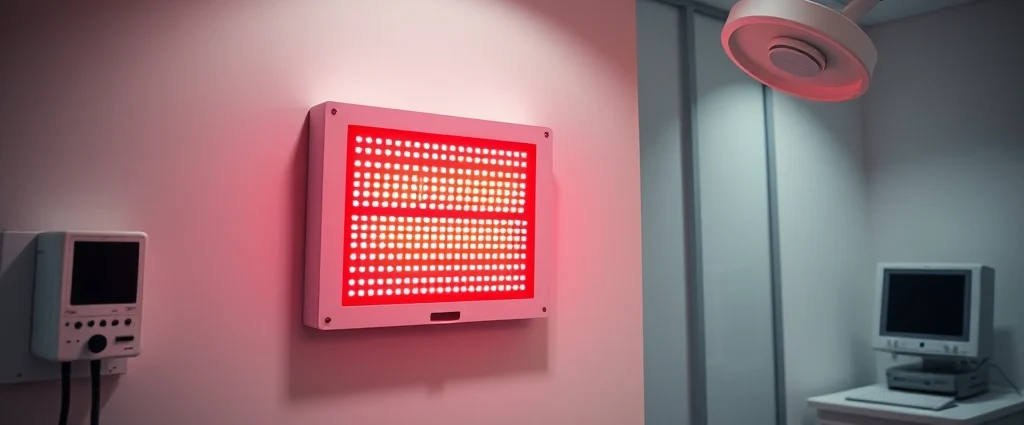 Professional red light therapy device panel emitting deep red and near-infrared light wavelengths, mounted on white wall in modern clinical setting, photorealistic clinical environment with professional lighting setup
