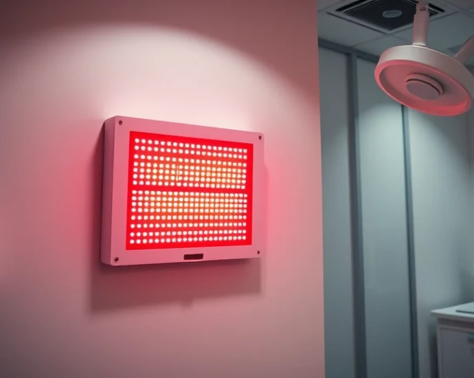 Professional red light therapy device panel emitting deep red and near-infrared light wavelengths, mounted on white wall in modern clinical setting, photorealistic clinical environment with professional lighting setup