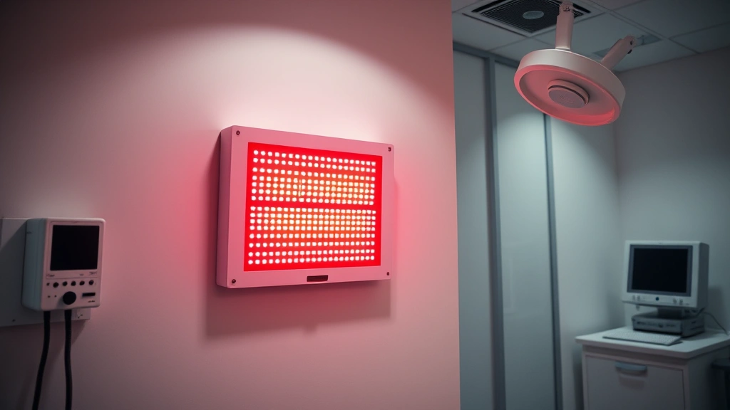 Professional red light therapy device panel emitting deep red and near-infrared light wavelengths, mounted on white wall in modern clinical setting, photorealistic clinical environment with professional lighting setup