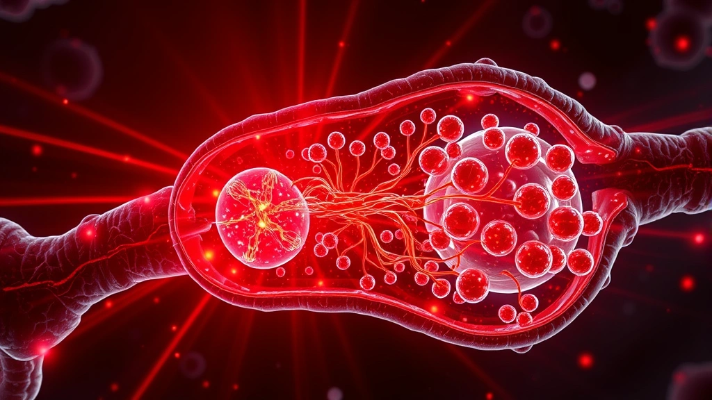 Cross-section illustration of human mitochondria with red light photons interacting with cellular structures, showing ATP production and cellular energy pathways, scientific accuracy with vibrant red and golden light energy representations