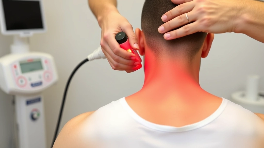Fit person receiving red light therapy treatment on upper back and shoulders, device positioned at proper clinical distance, modern wellness clinic environment with professional equipment setup, showing proper treatment protocol