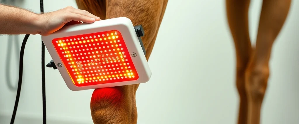 Professional equine red light therapy panel being applied to a horse's hind leg during treatment session, warm therapeutic light visible, veterinary setting, photorealistic