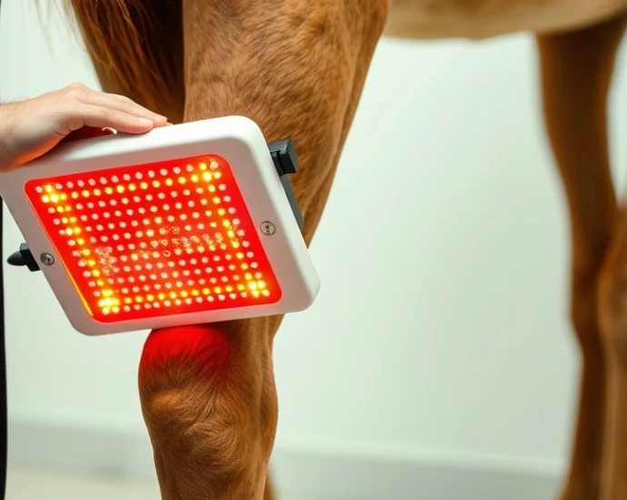 Professional equine red light therapy panel being applied to a horse's hind leg during treatment session, warm therapeutic light visible, veterinary setting, photorealistic