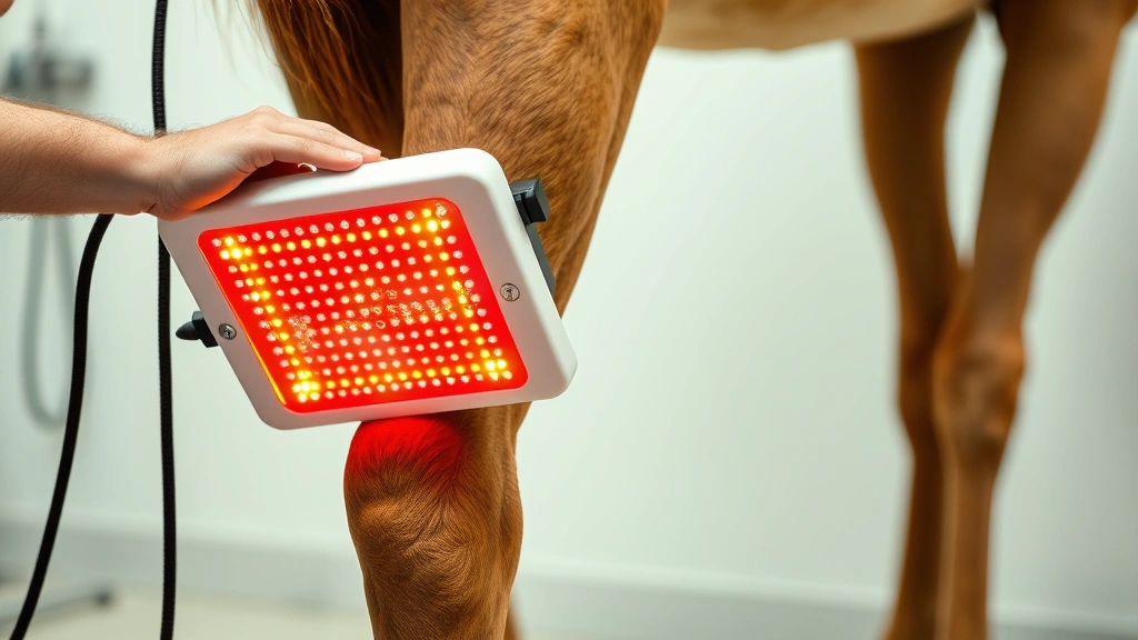 Professional equine red light therapy panel being applied to a horse's hind leg during treatment session, warm therapeutic light visible, veterinary setting, photorealistic