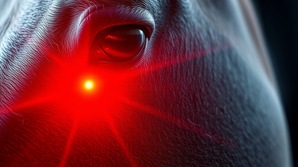 Close-up of horse muscle tissue with visible red light wavelengths penetrating, cellular healing process visualization, scientific illustration style, photorealistic